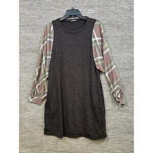 Egy Plaid Sleeve Dress Womens Sz L Brown Shift Balloon Long Sleeve Jersey Casual